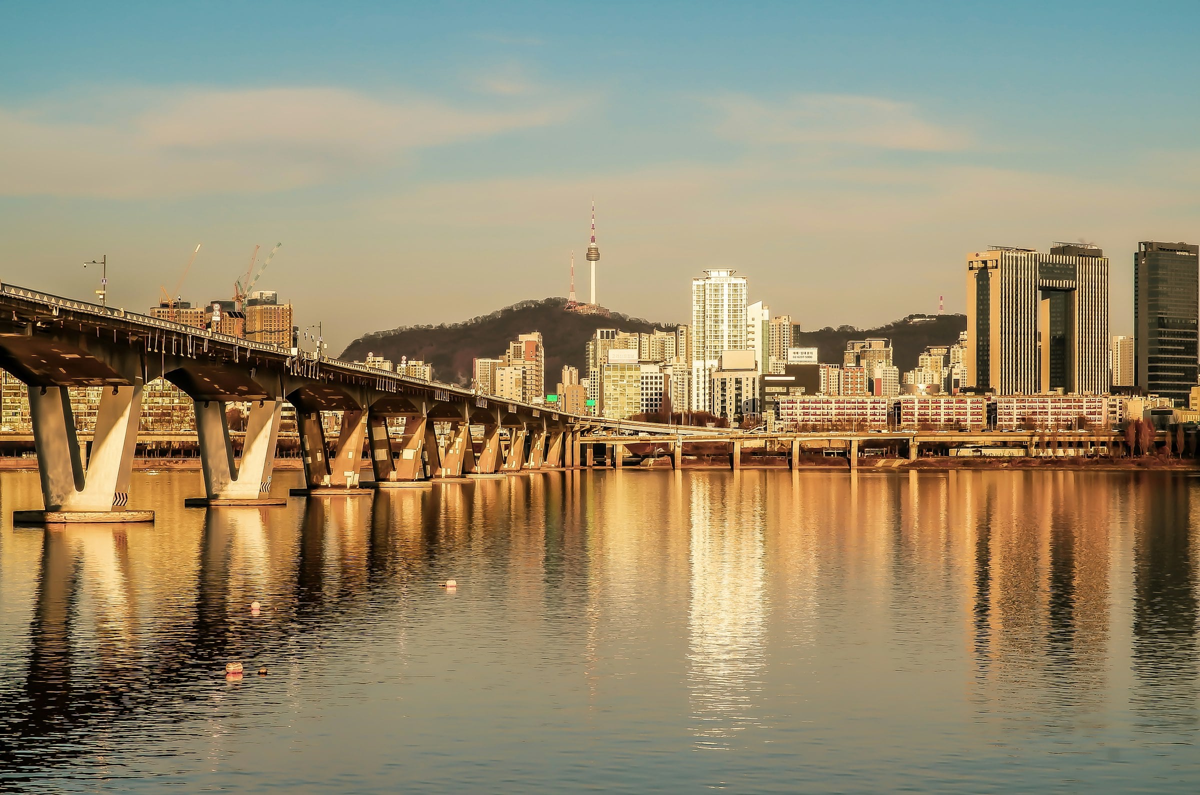 Seoul with a Han River bridge and N Seoul Tower
